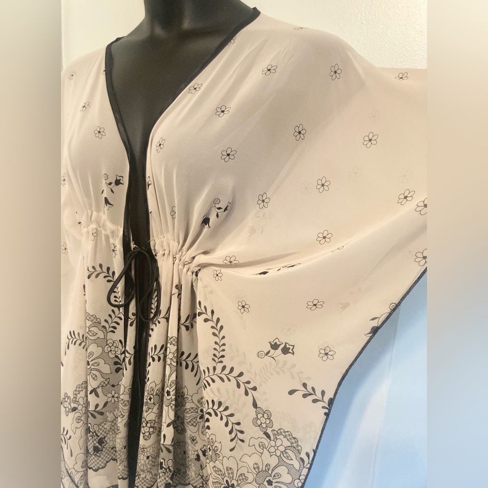 Vintage Beige and Black Sheer Floral Drawstring Tunic - Picture 2 of 3